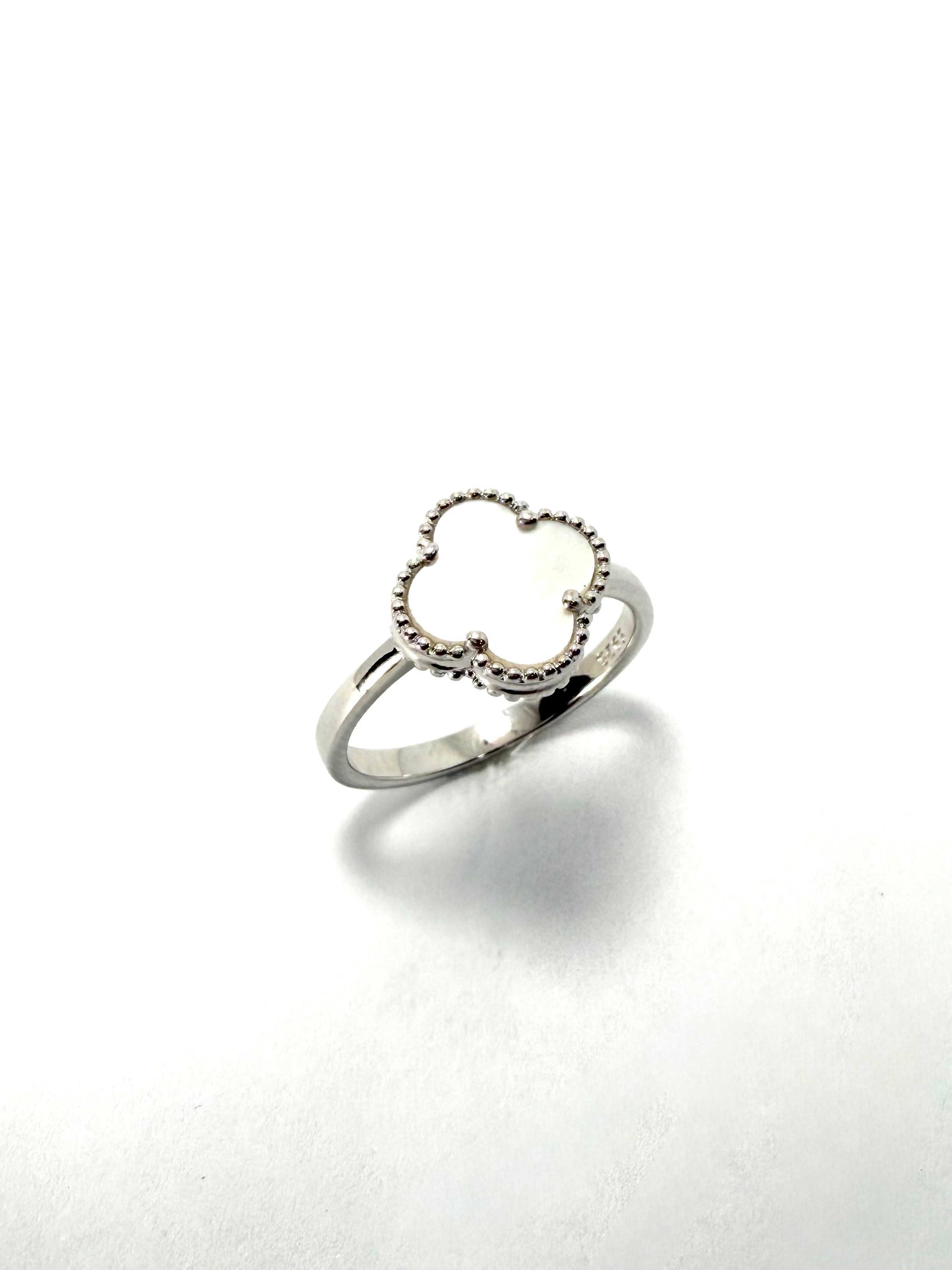 Silver mother of pearl 4 leaf clover ring