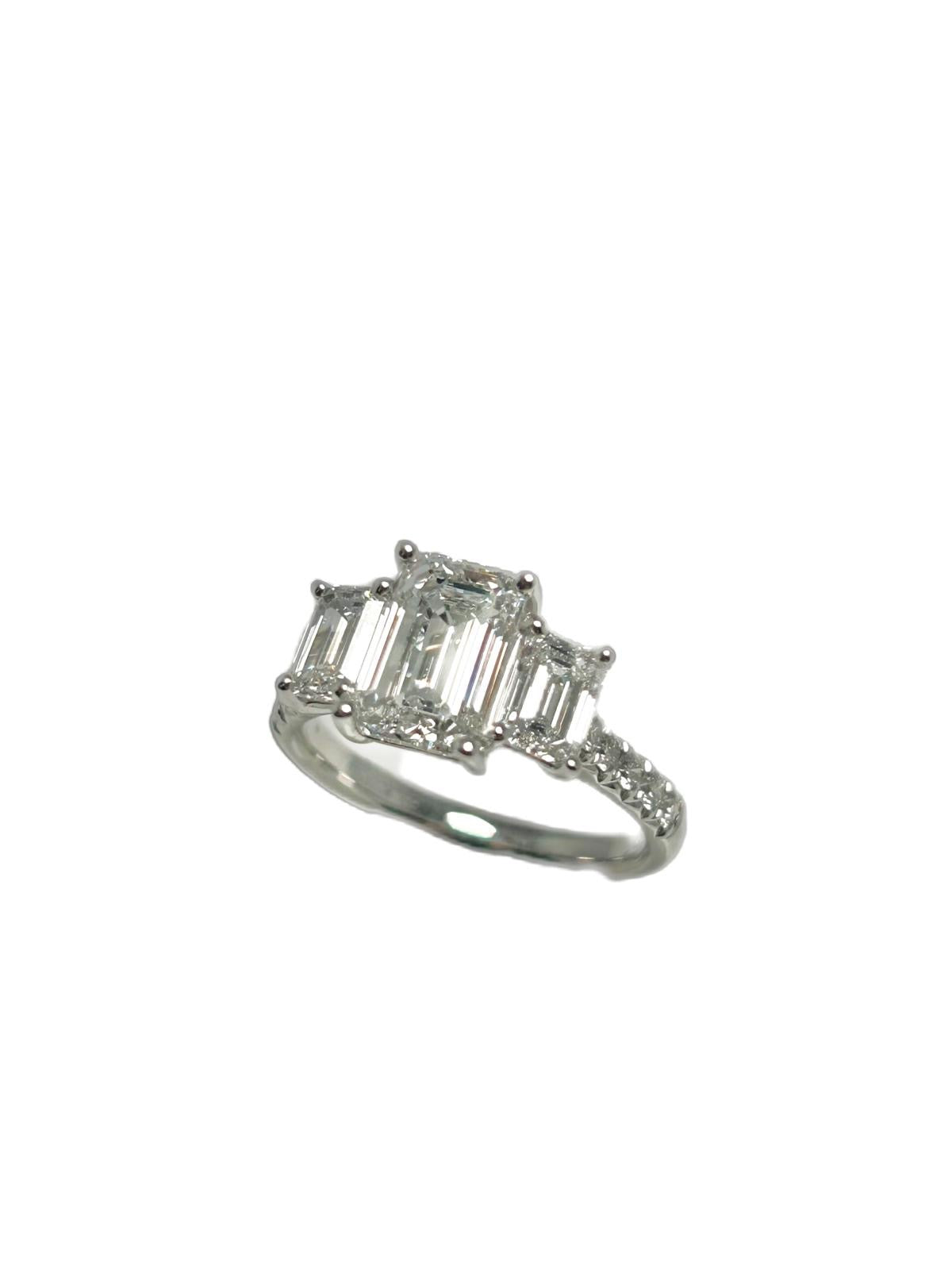 Lab diamond 3.30ct emerald cut trilogy ring