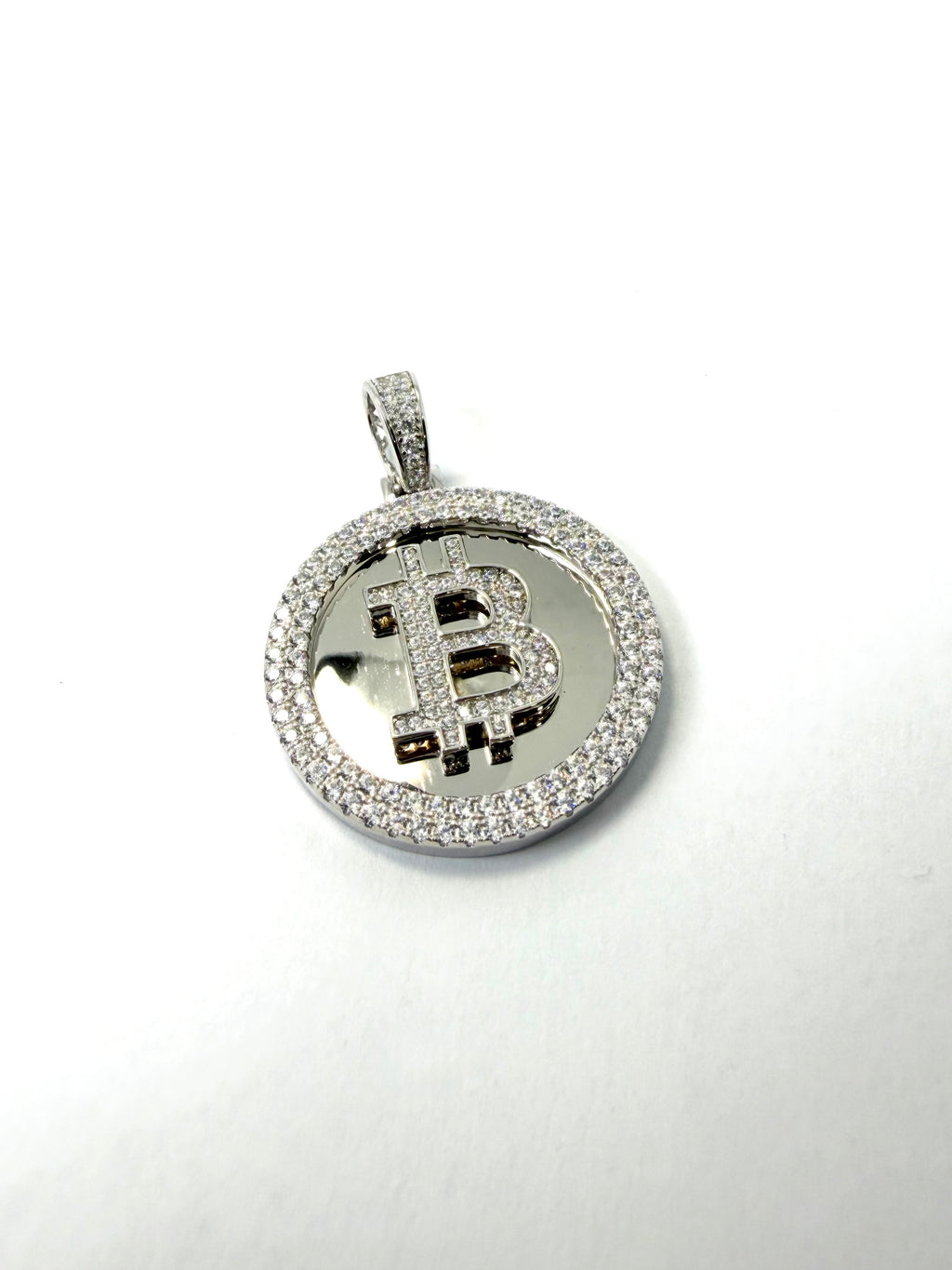 Silver cubic zirconia bitcoin pendant