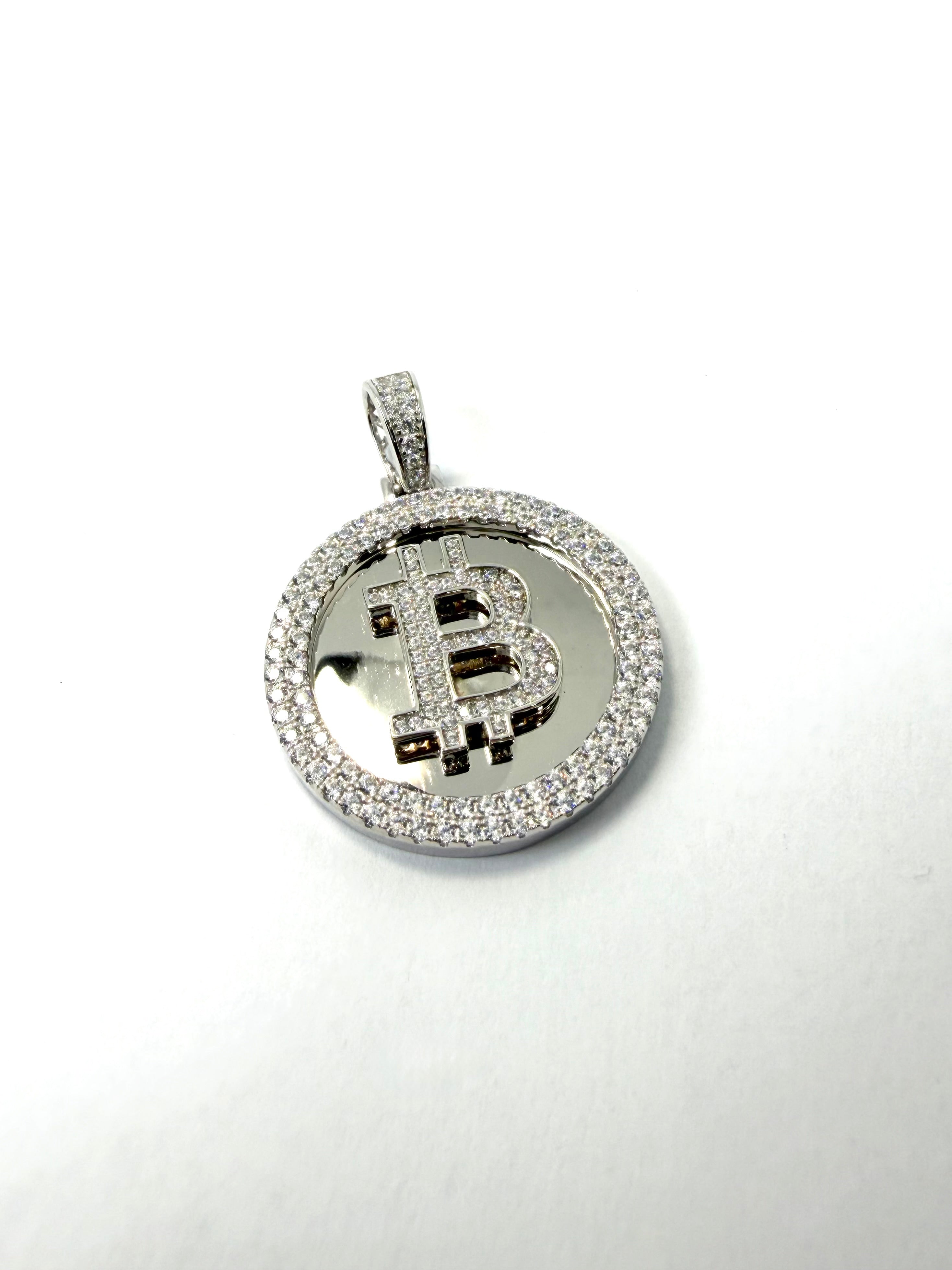 Silver cubic zirconia bitcoin pendant