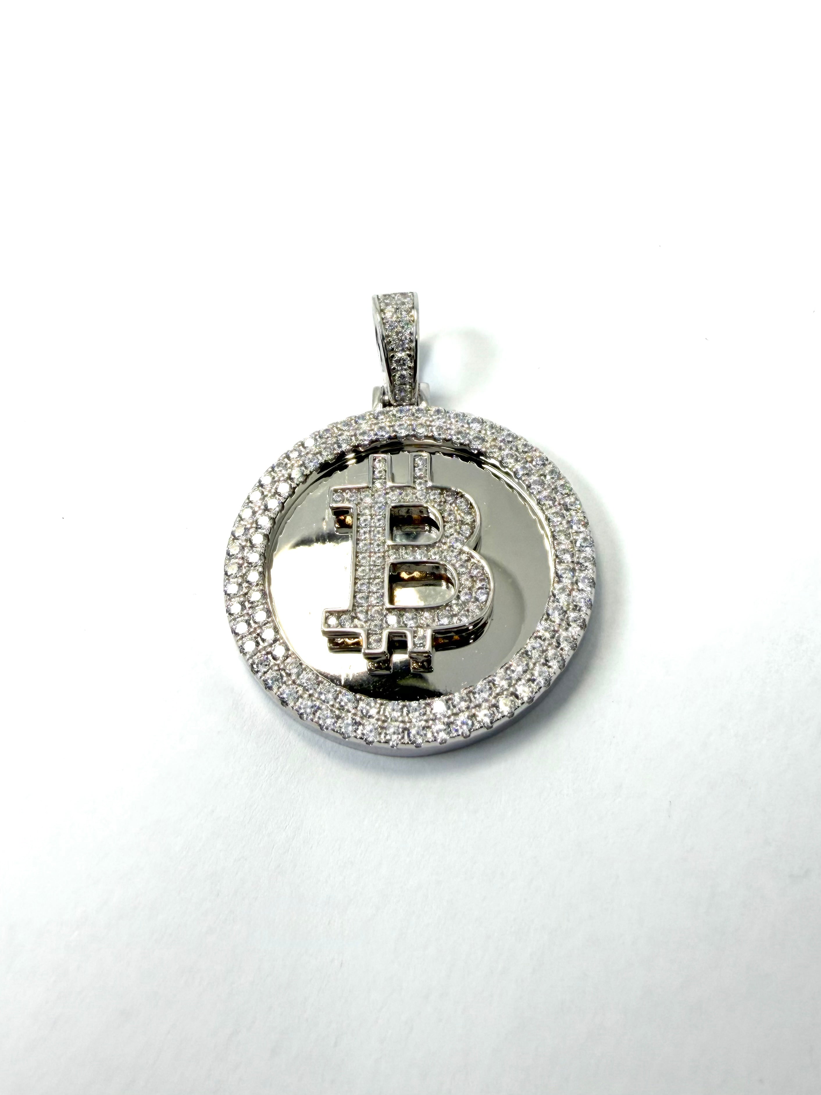Silver cubic zirconia bitcoin pendant