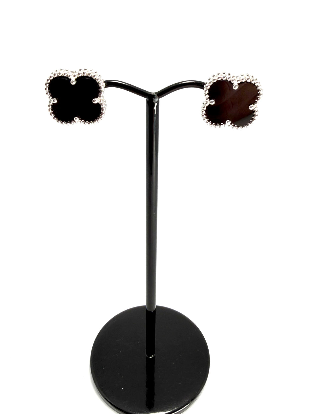 Silver black 4 leaf clover stud earrings