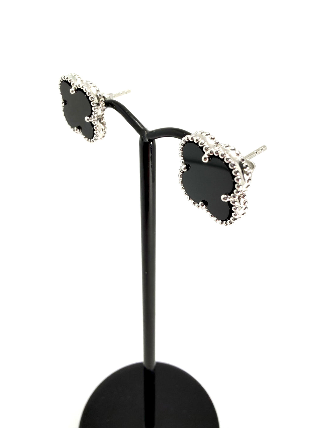 Silver black 4 leaf clover stud earrings