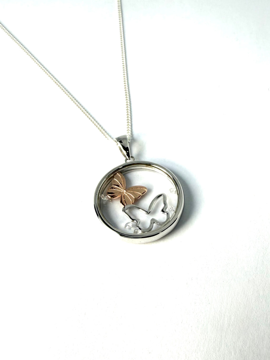 Silver floating diamond butterfly pendant and necklace