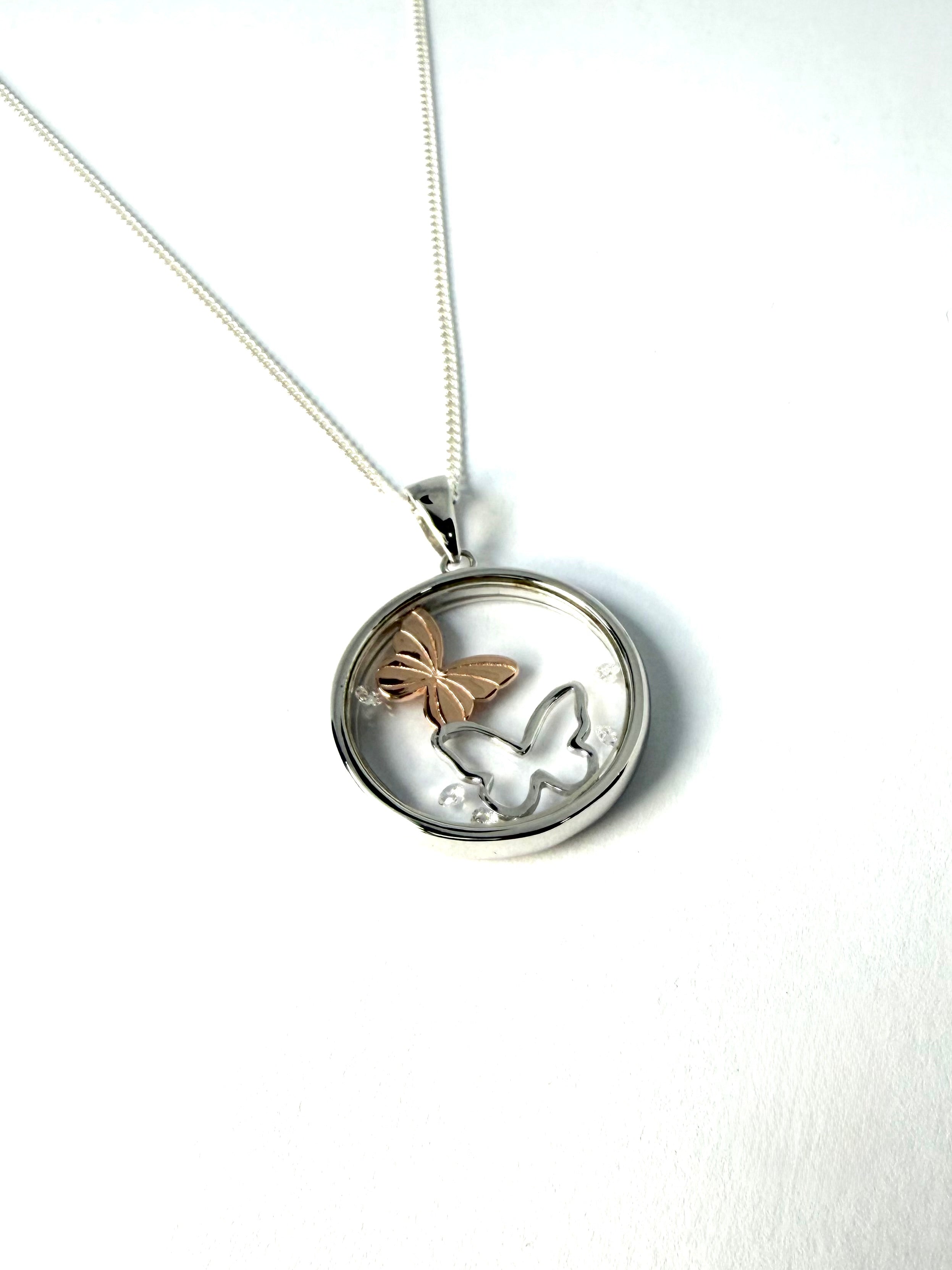 Silver floating diamond butterfly pendant and necklace