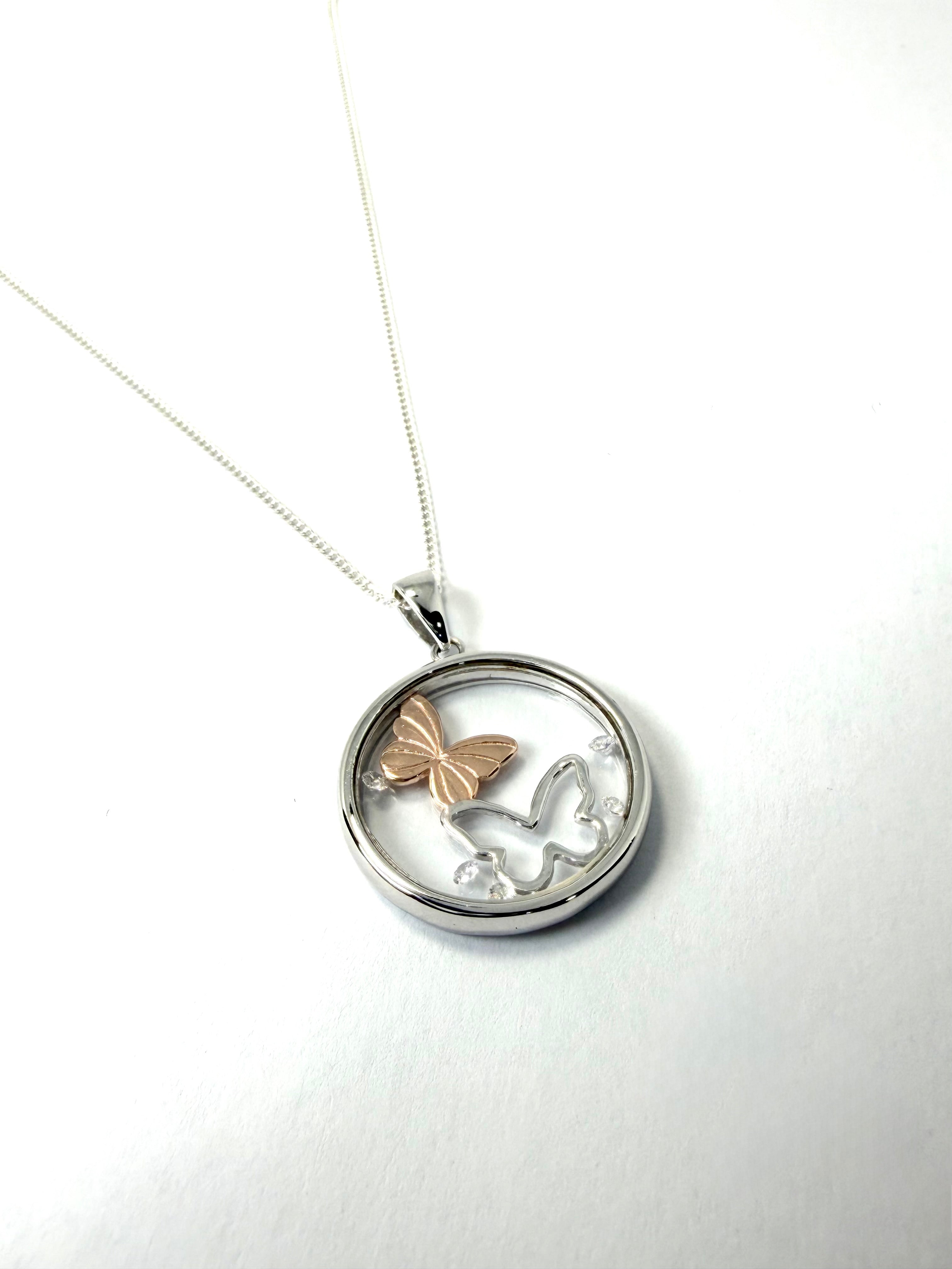 Silver floating diamond butterfly pendant and necklace