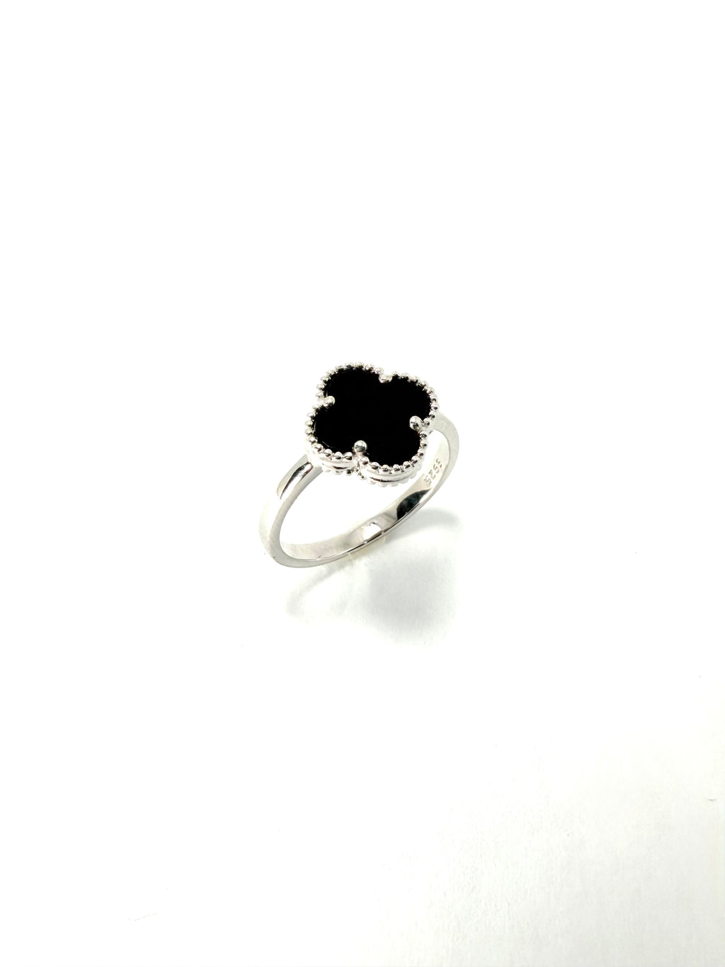 Silver black 4 leaf clover ring