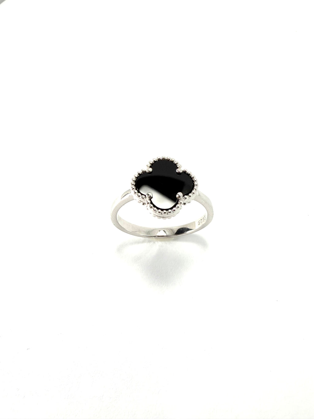 Silver black 4 leaf clover ring