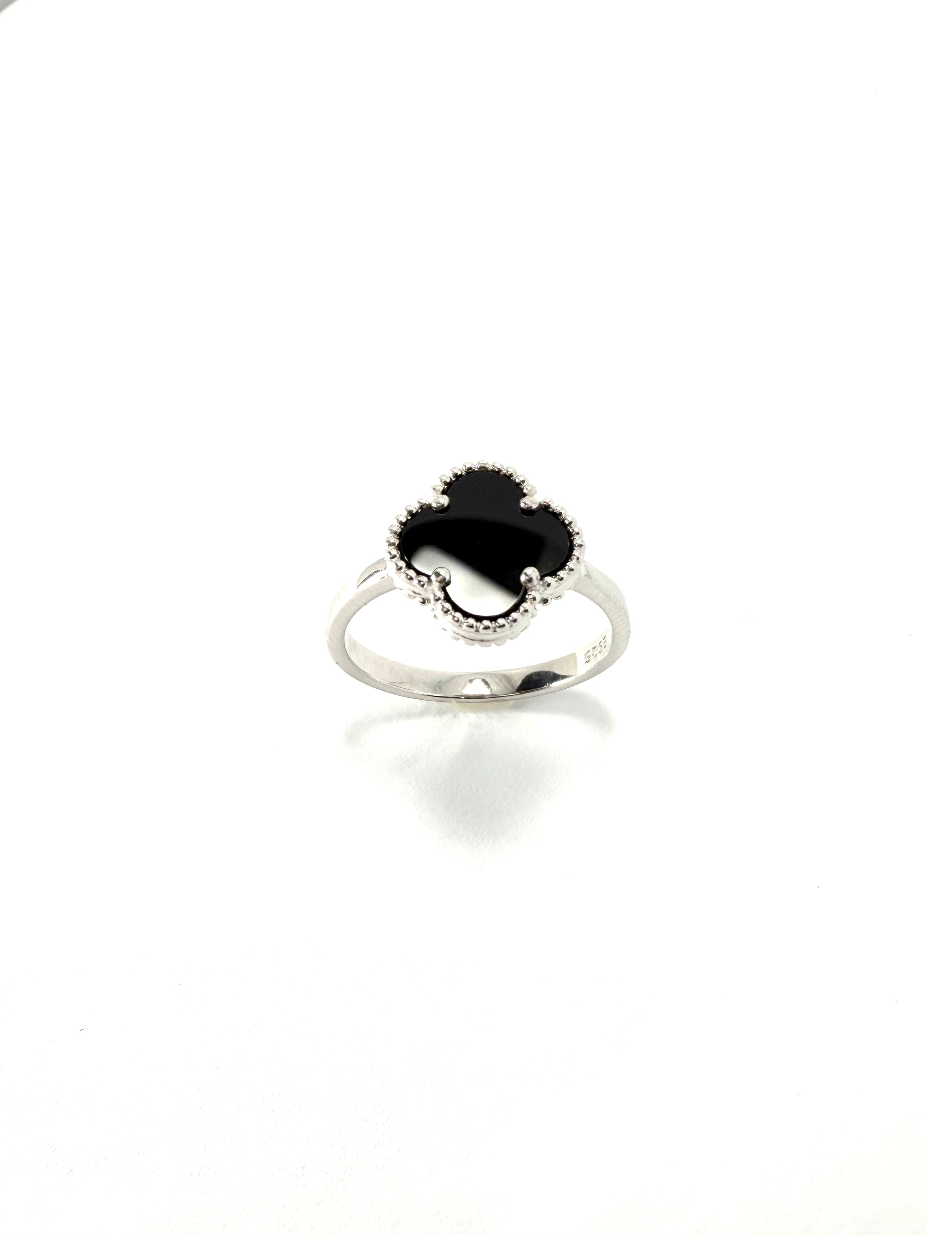 Silver black 4 leaf clover ring