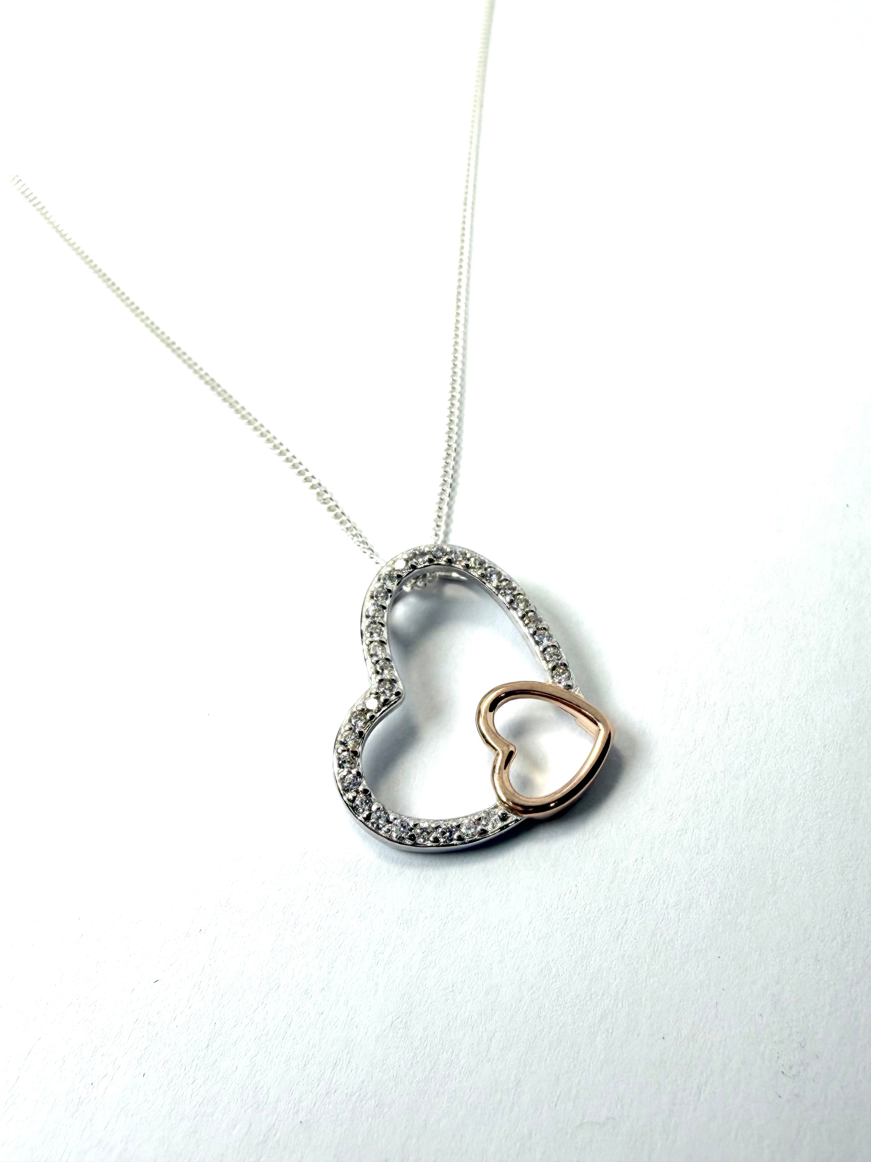 Silver double heart pendant and necklace