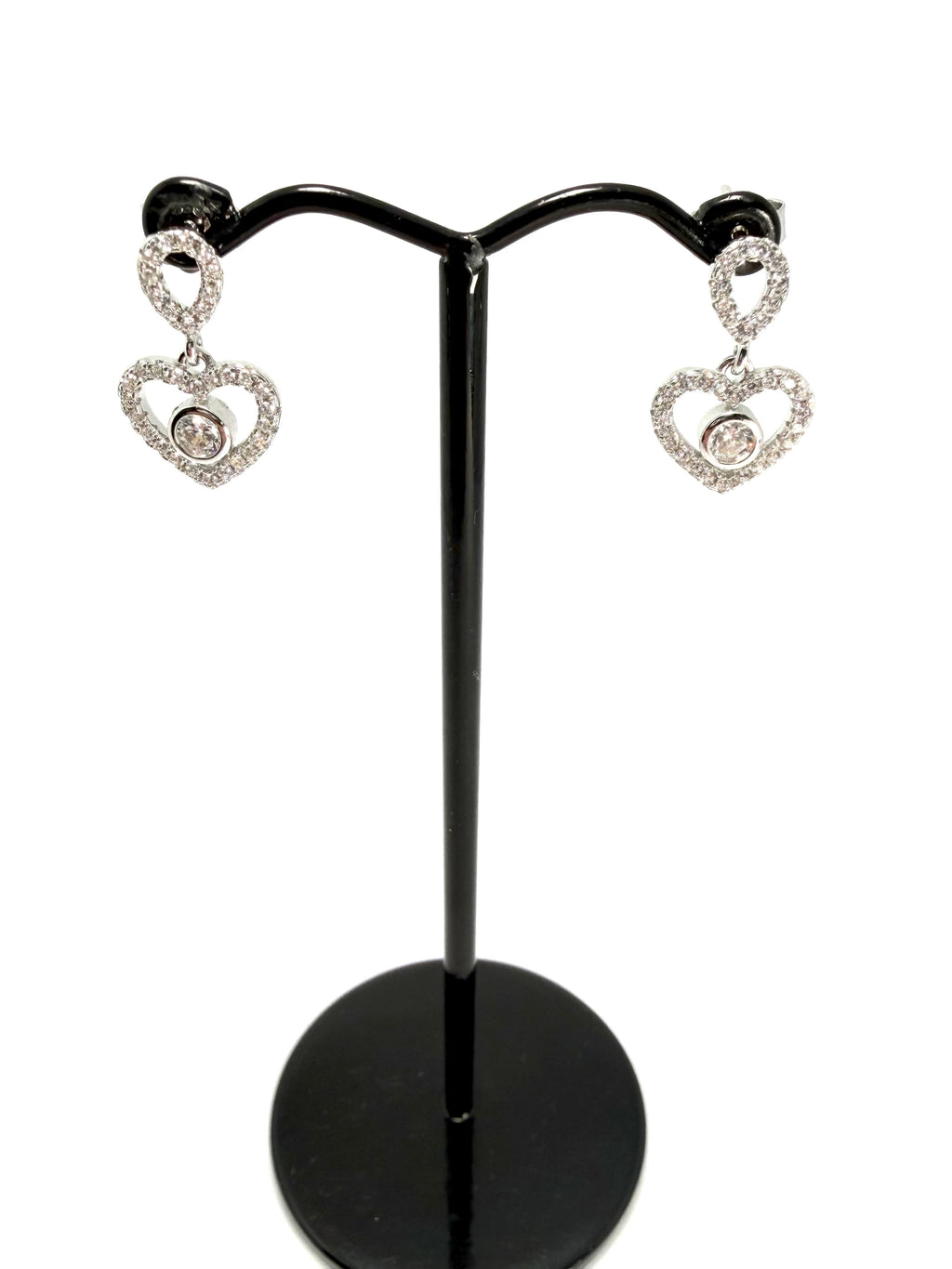 Silver heart shaped cubic zirconia dropper earrings