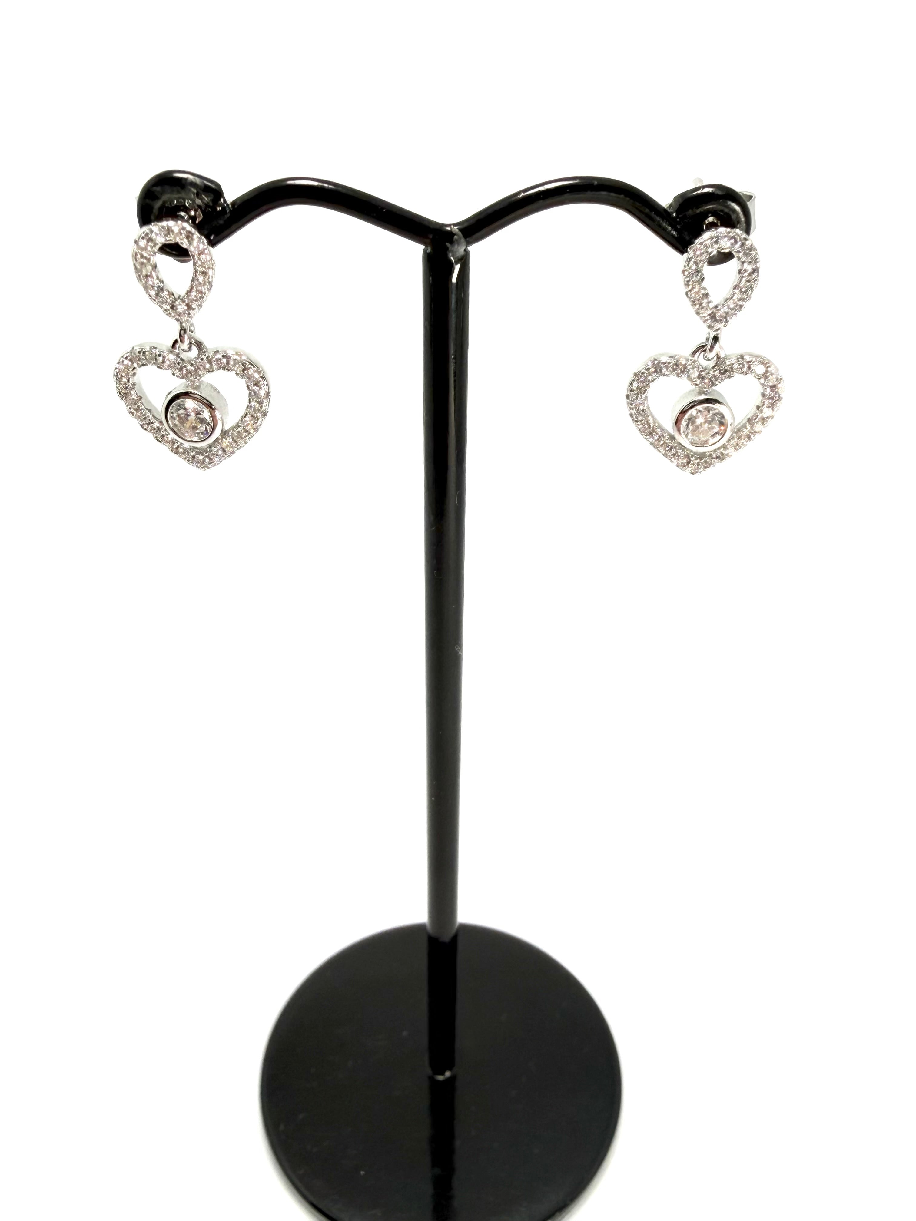 Silver heart shaped cubic zirconia dropper earrings