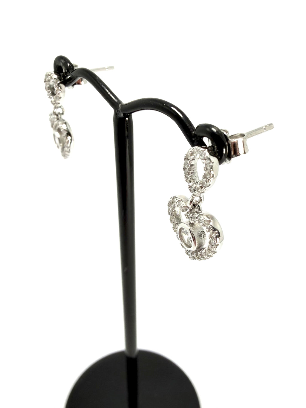 Silver heart shaped cubic zirconia dropper earrings