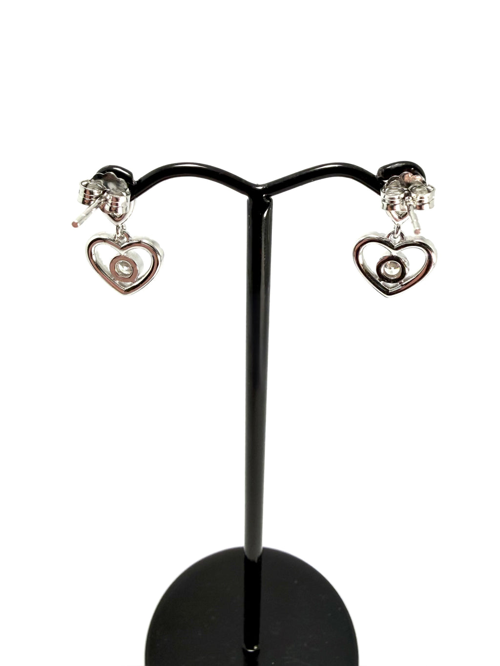 Silver heart shaped cubic zirconia dropper earrings
