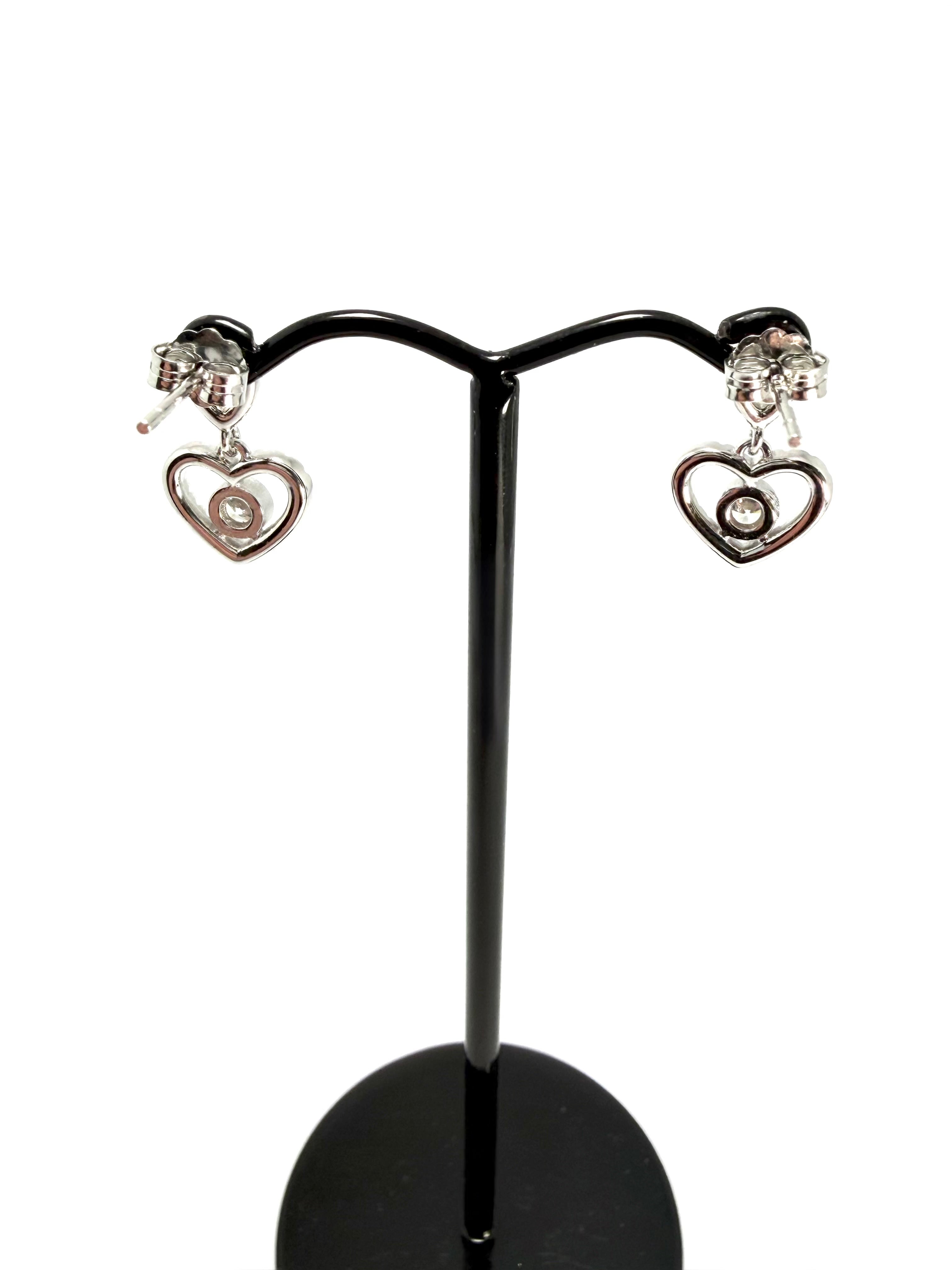 Silver heart shaped cubic zirconia dropper earrings