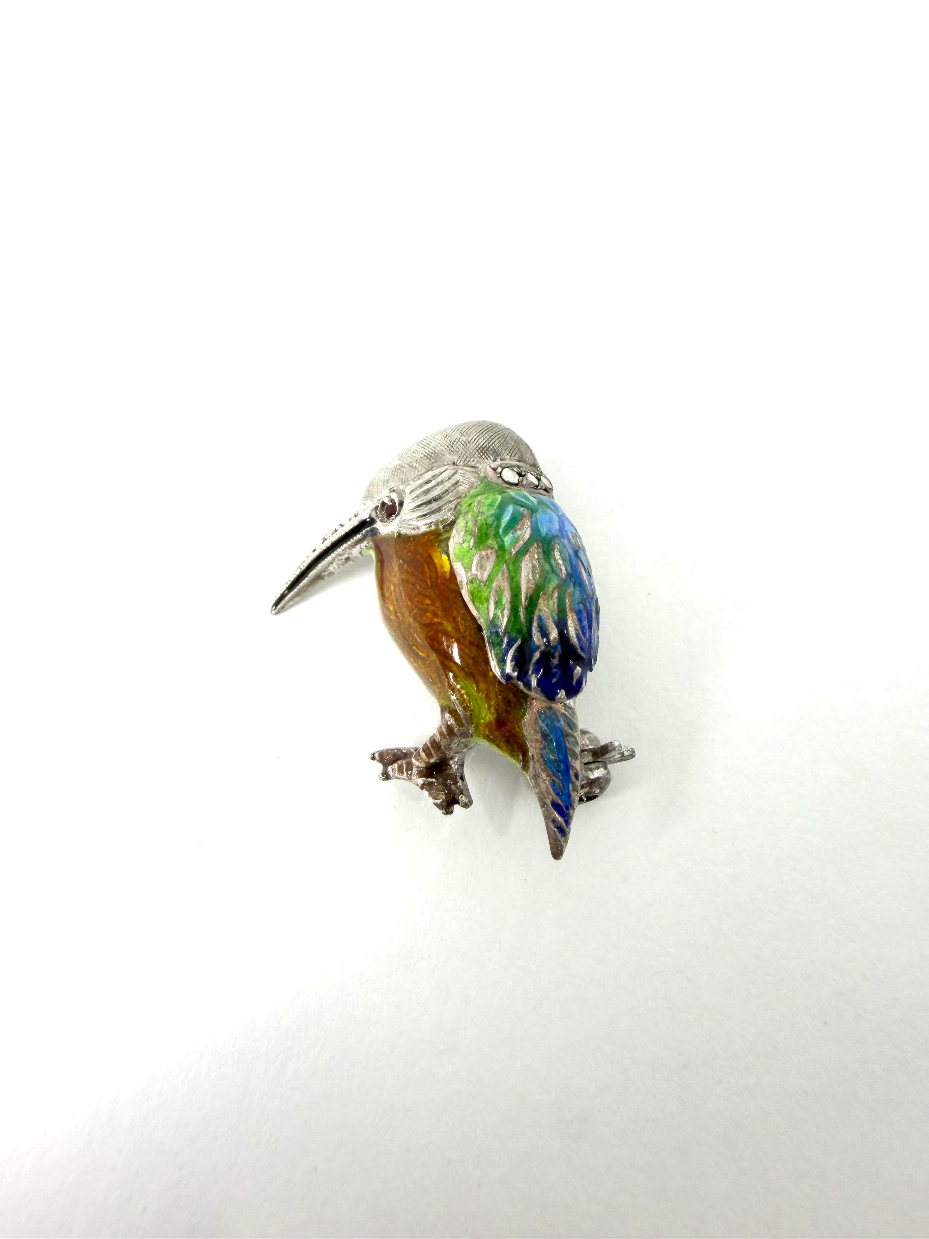 Silver enamelled kingfisher brooch