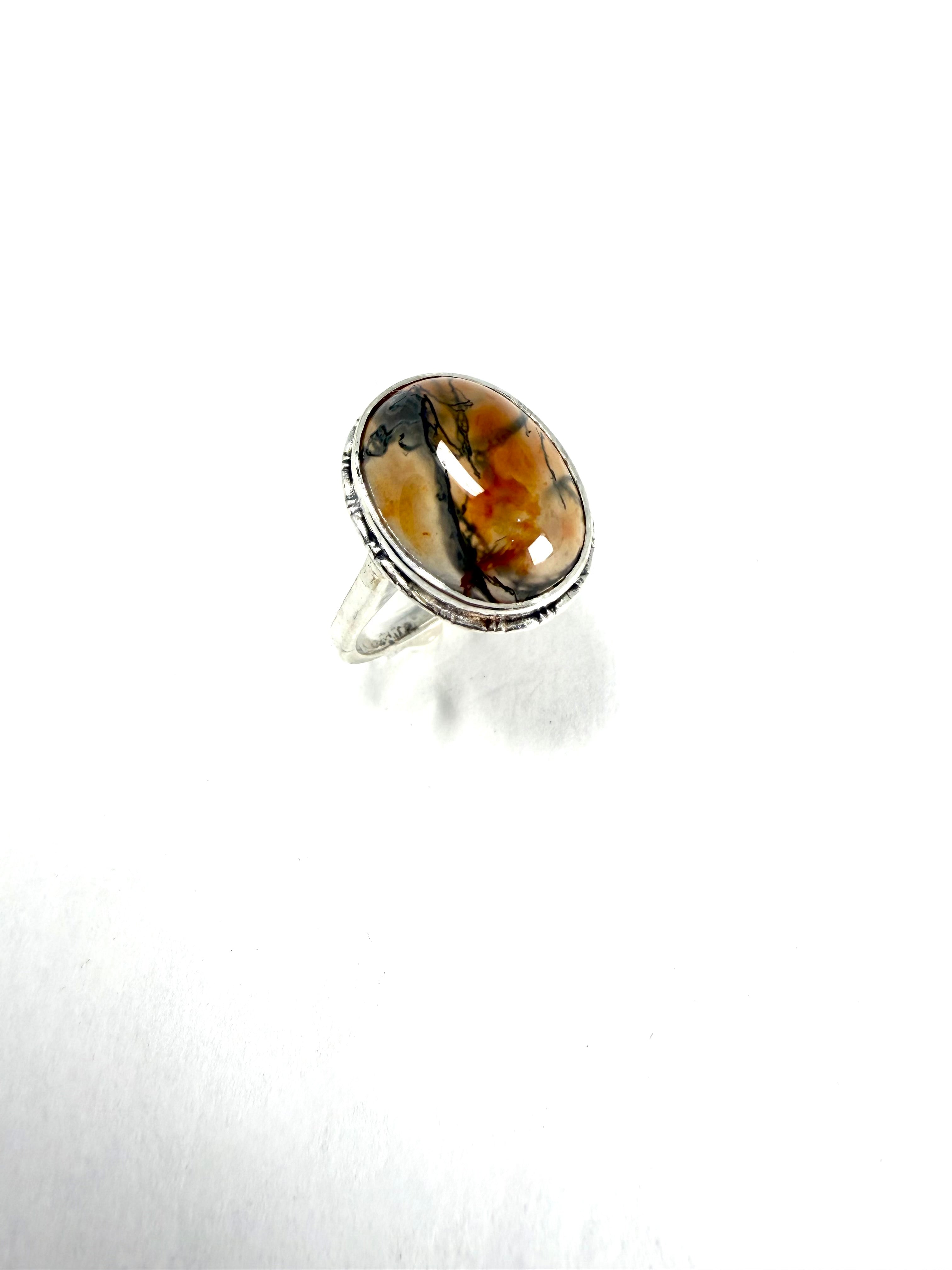 Silver moss agate ring