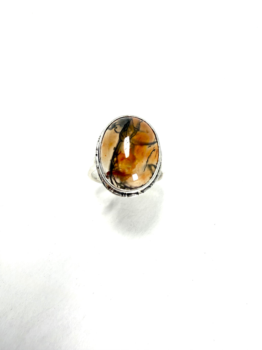 Silver moss agate ring