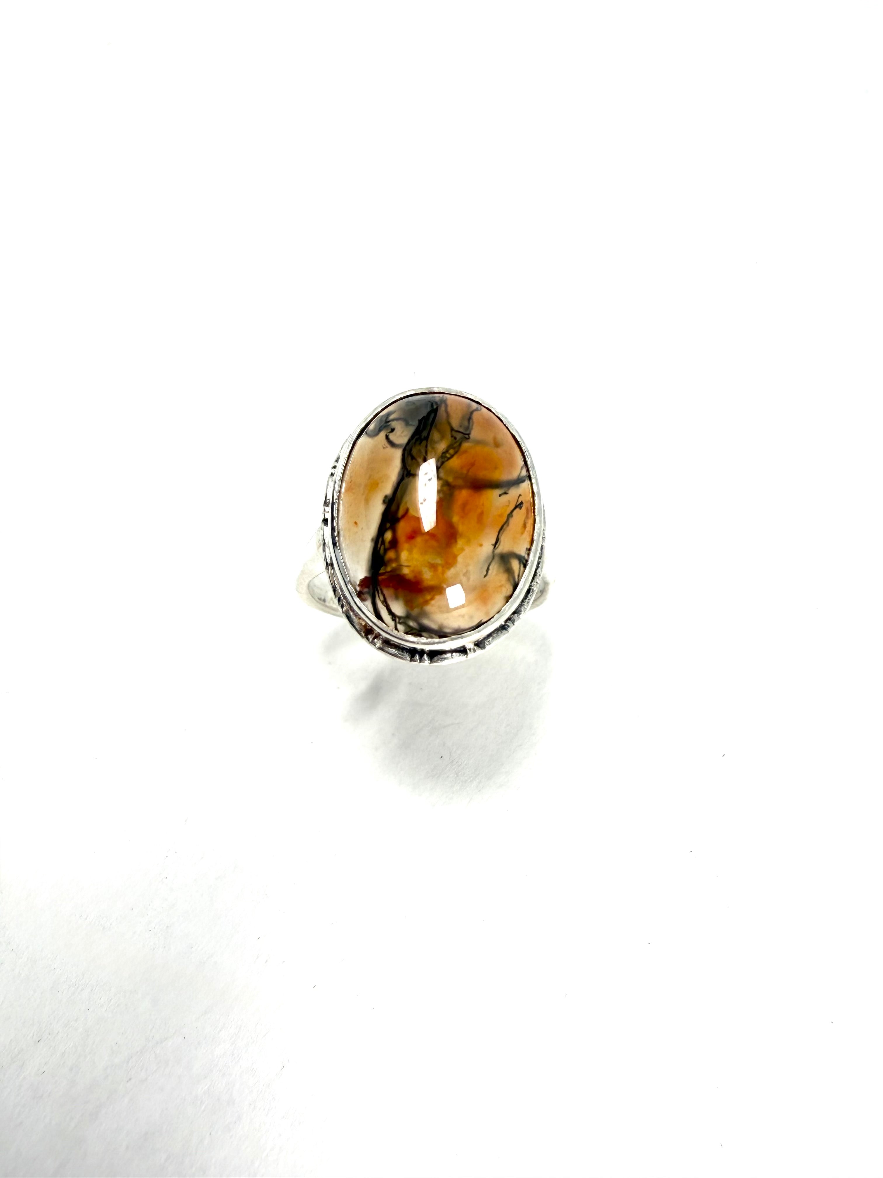 Silver moss agate ring