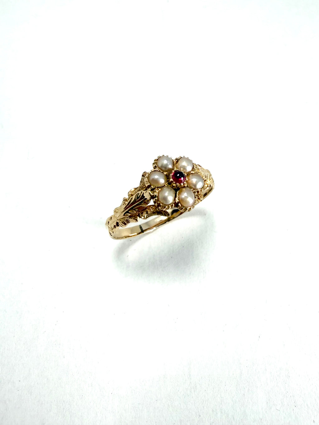 15ct mourning ruby and seed pearl ring