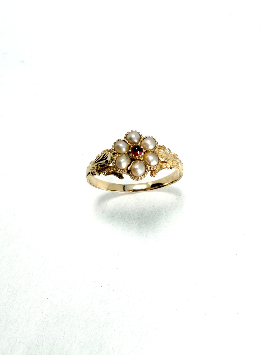 15ct mourning ruby and seed pearl ring