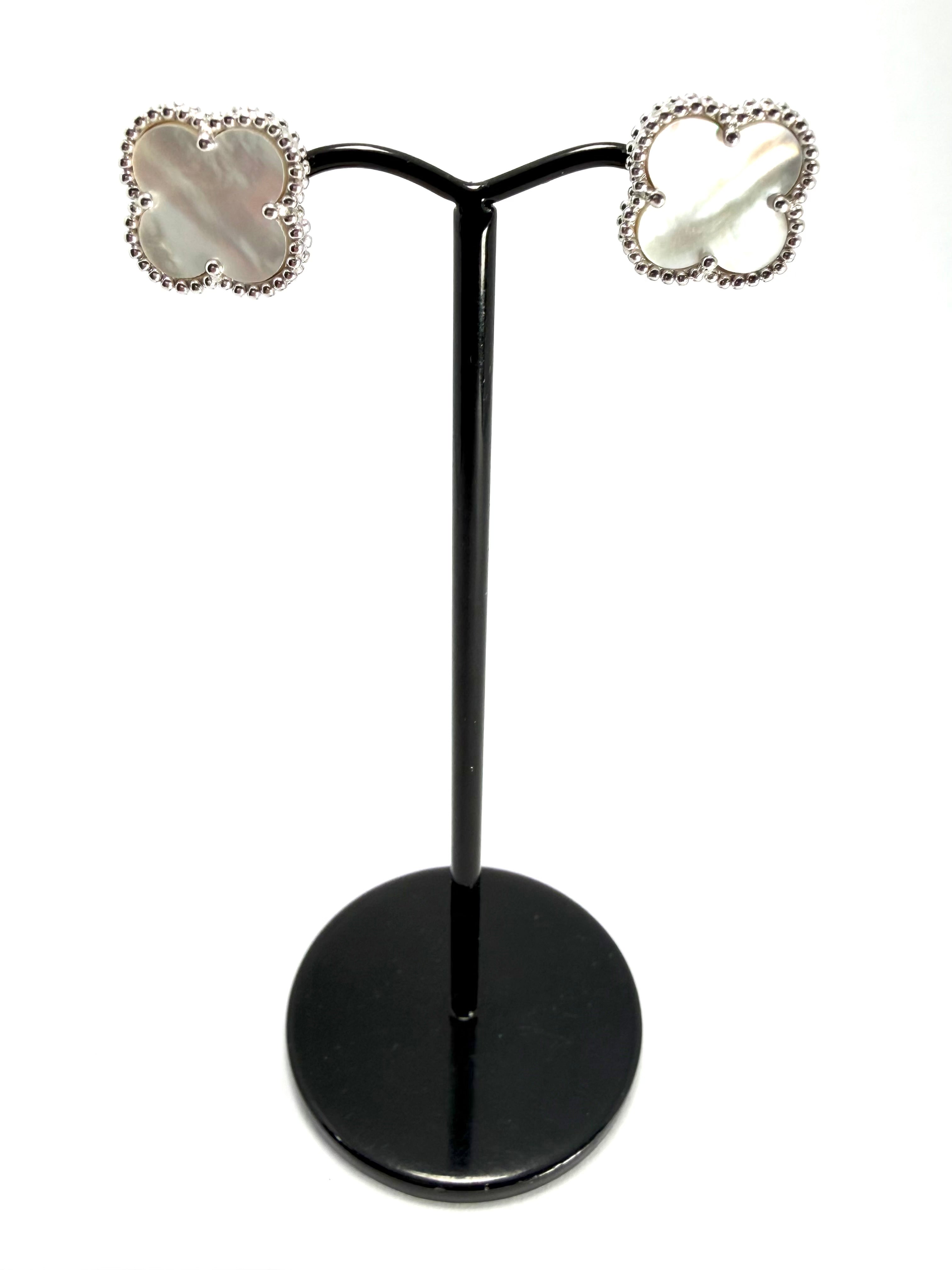 Silver mother of pearl 4 leaf clover studs