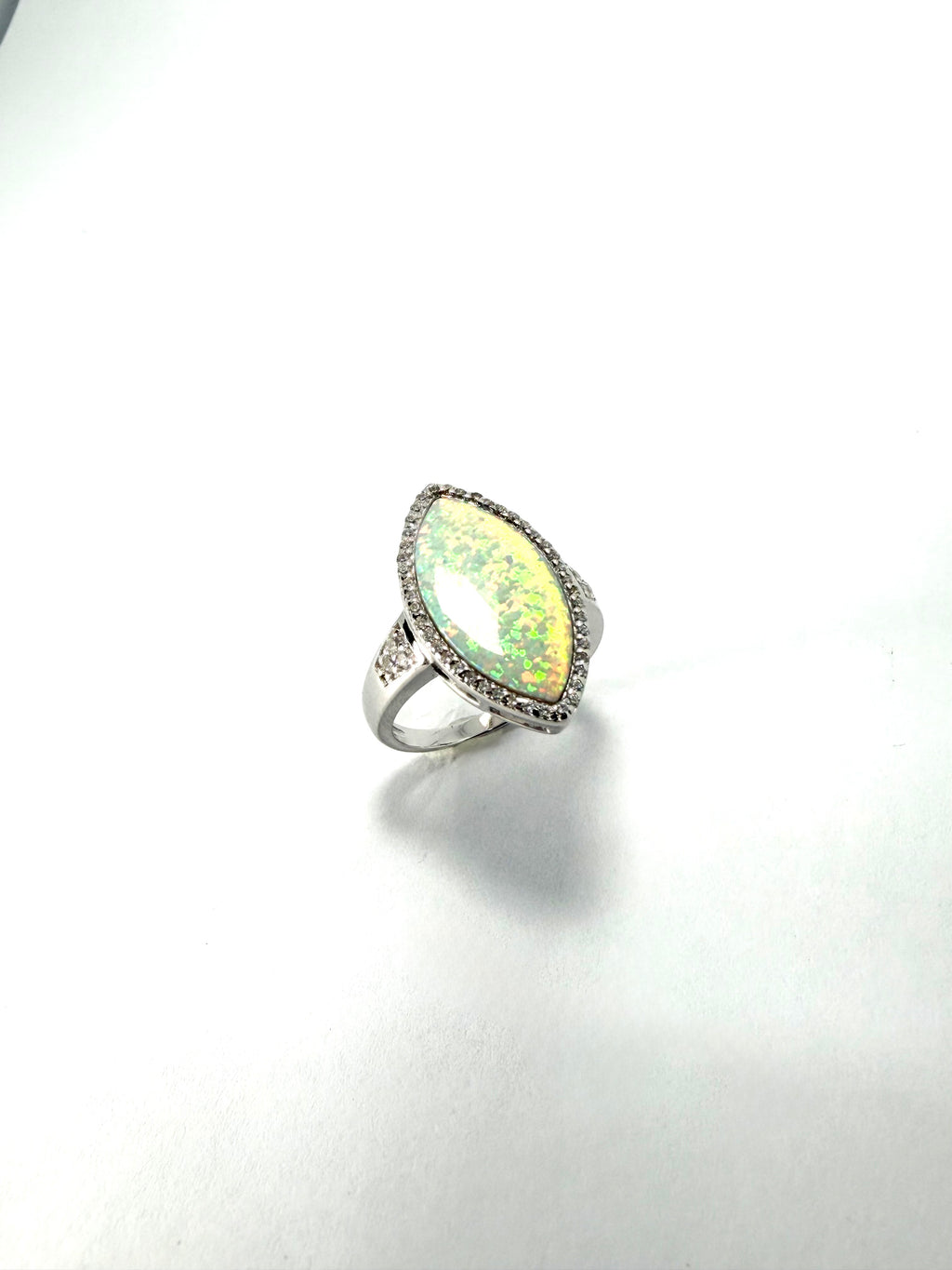 Silver synthetic opal and cz ring